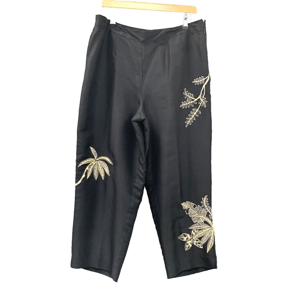 Vtg 90s Silkland Silk Cropped Embroidered Beaded Pants 14 Black Tropical Resort